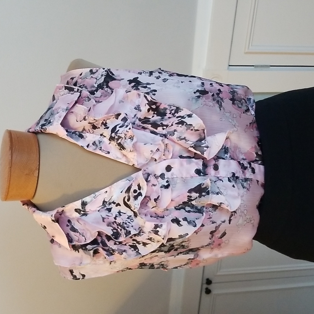 Tahari pink and black sleeves ruffled  blouse